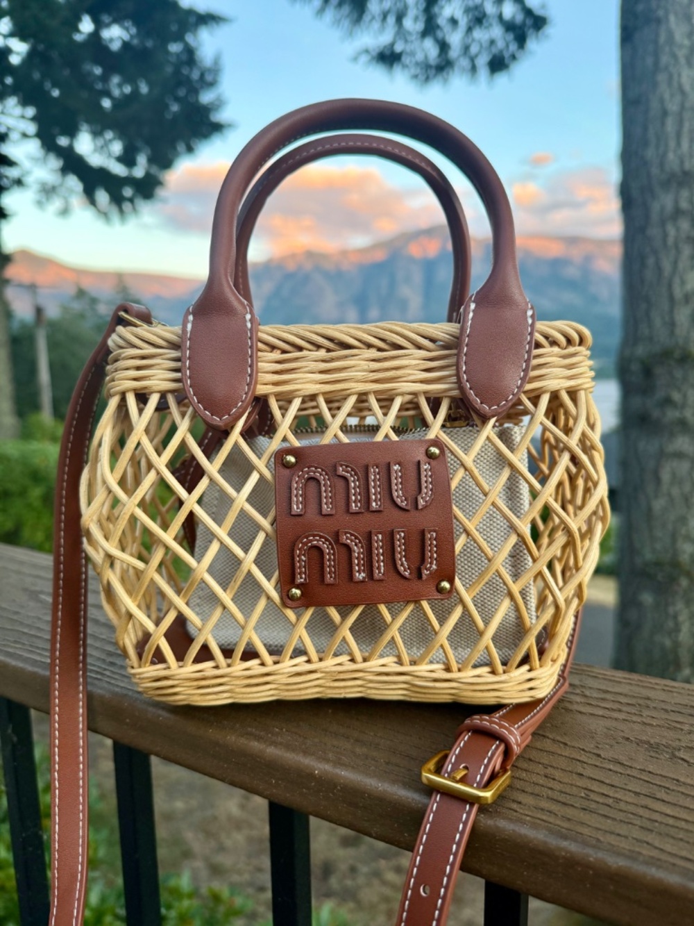 Miu Leather-Trimmed Rattan Basket Bag Wicker Tote - Read Description